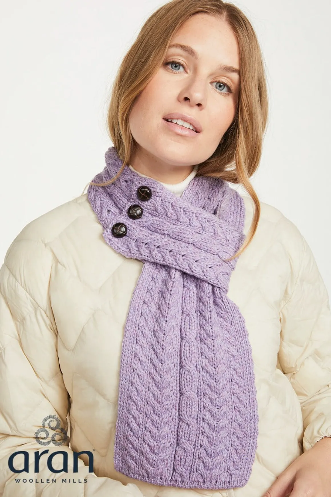 Aran Button Looped Scarf , Lavender