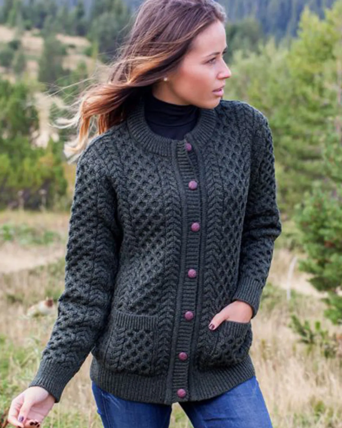 Aran Cable Knit Lumber Cardigan - Army Green