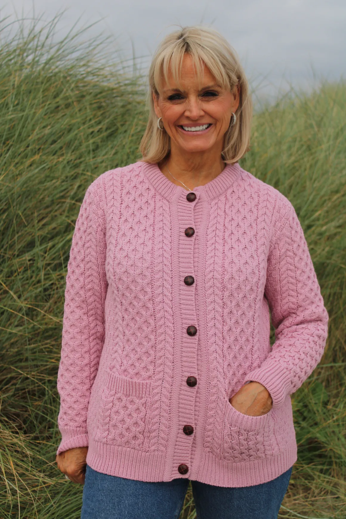 Aran Cable Knit Lumber Cardigan - Rose Pink