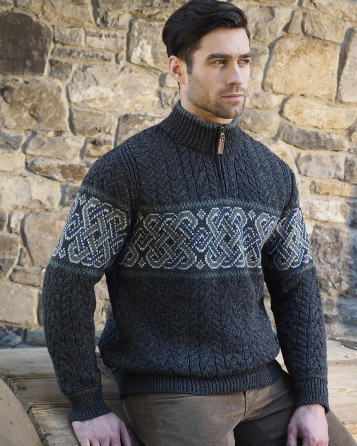 Aran Celtic Jacquard Half Zip Sweater , Charcoal