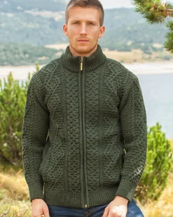 Aran Fisherman Zip Cardigan - Army Green