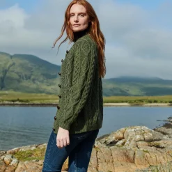 Aran Handknit Lumber Cardigan with Pockets , Moss Green