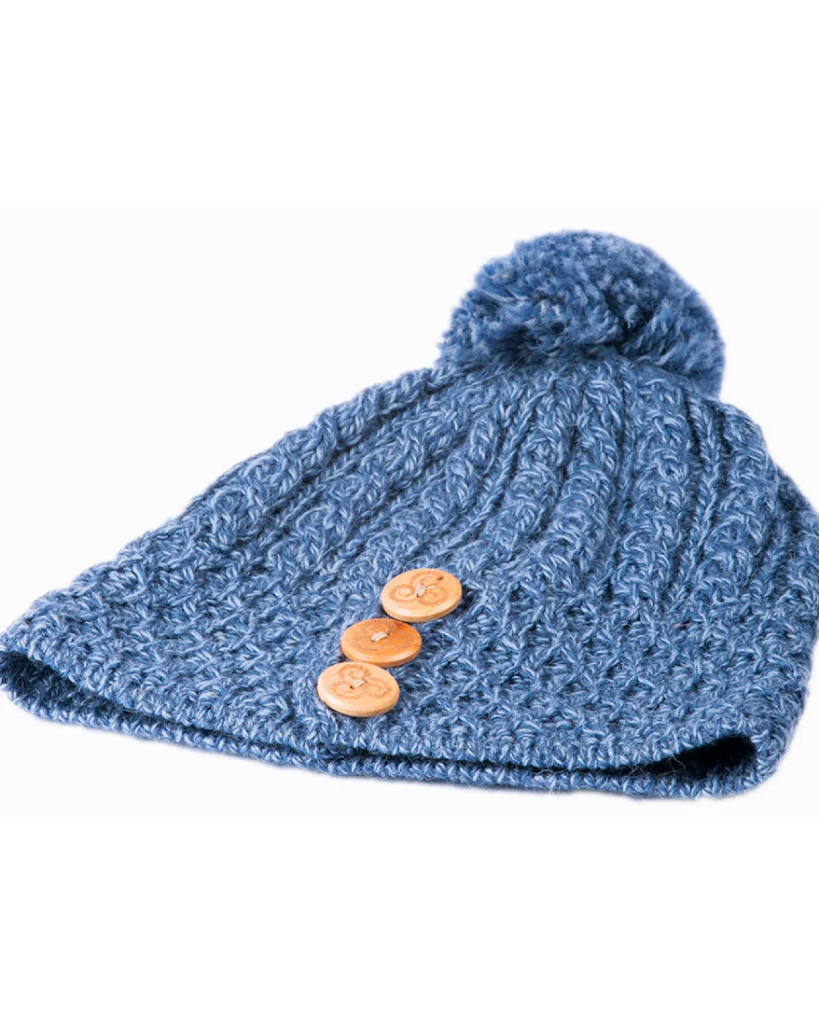 Aran Merino Wool Hat with 3 Buttons , Denim Marl