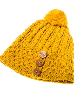 Aran Merino Wool Hat with 3 Buttons , Sun Yellow