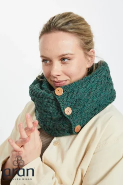 Aran Snood Scarf with Buttons , Connemara Green