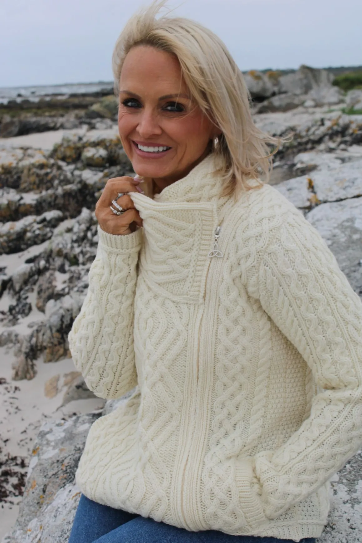 Cable Knit Jacket With Side Zip , Natural