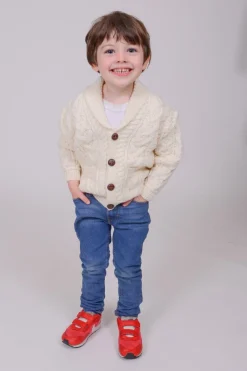 Childrens Aran Shawl Collar Button Cardigan , Natural