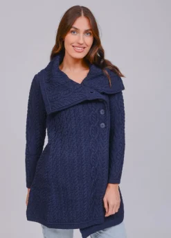 Chunky Collar Coat With Buttons , Navy