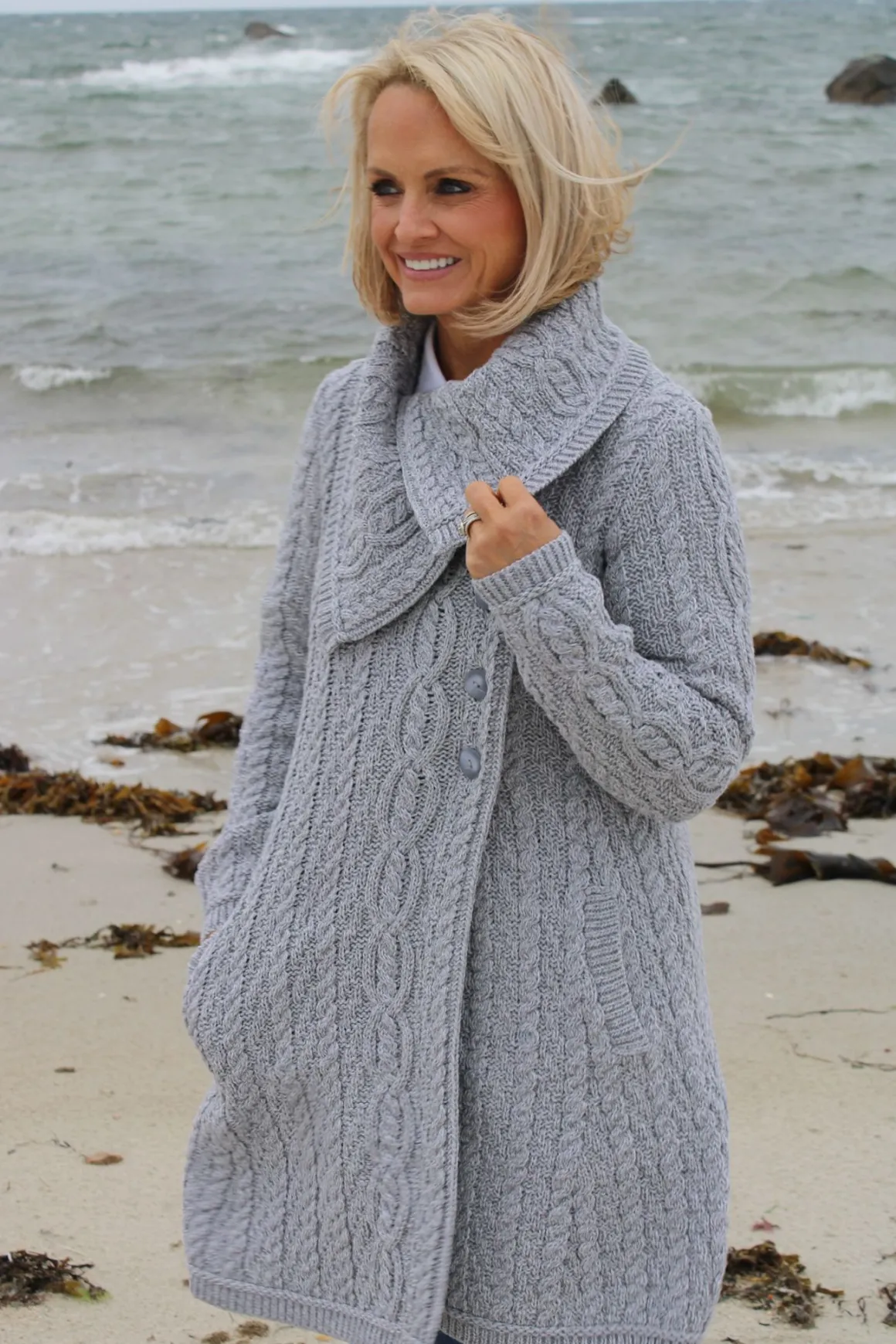 Chunky Collar Coat With Buttons , Soft Grey