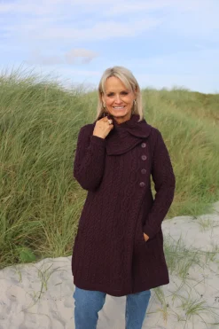 Chunky Collar Coat With Buttons , Damson