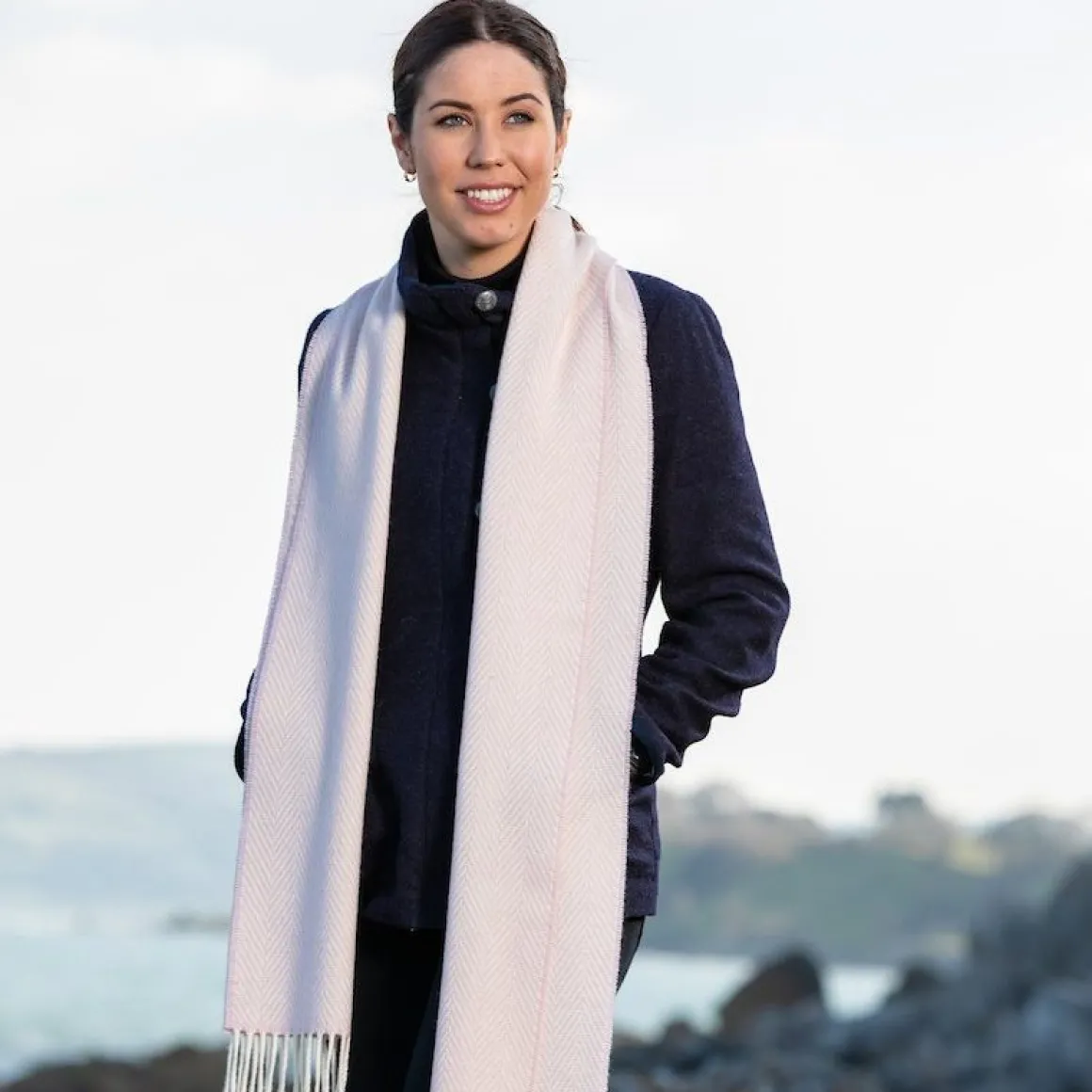 Foxford Pink And White Herringbone Cashmere Blend Scarf