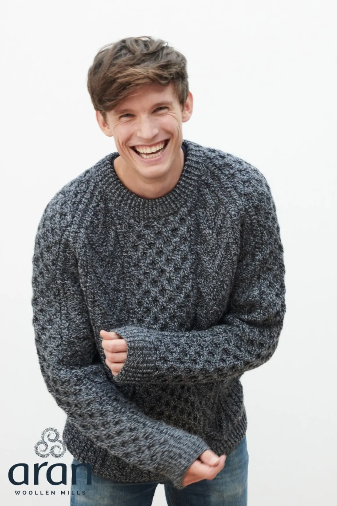 Handknit Crew Neck Aran Sweater , Charcoal