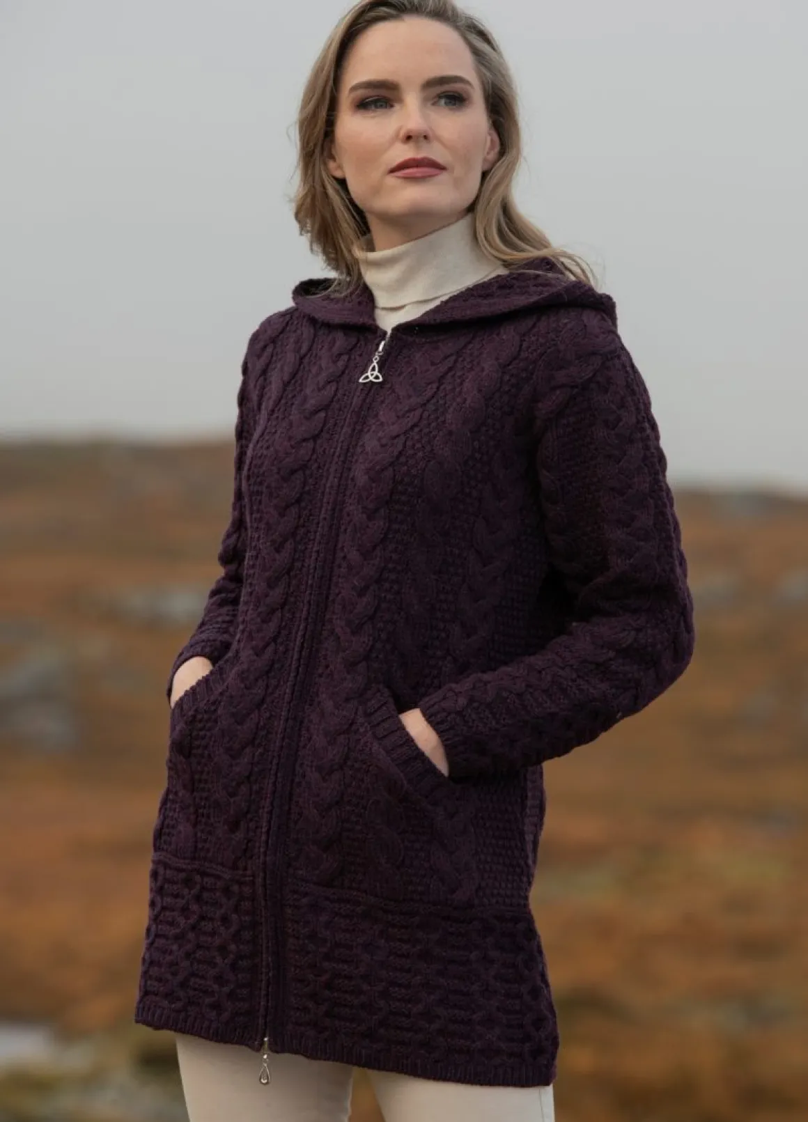 Long Hooded Zip Coat , Damson