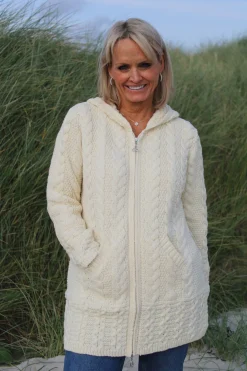 Long Zip Up Aran Cardigan With Hood , Natural