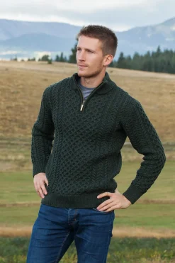 Men's 1/4 Zip Aran Sweater - Army Green
