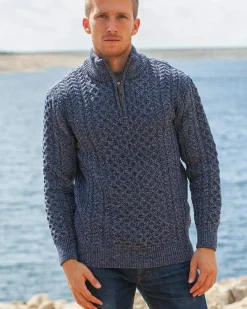 Men's 1/4 Zip Aran Sweater - Denim