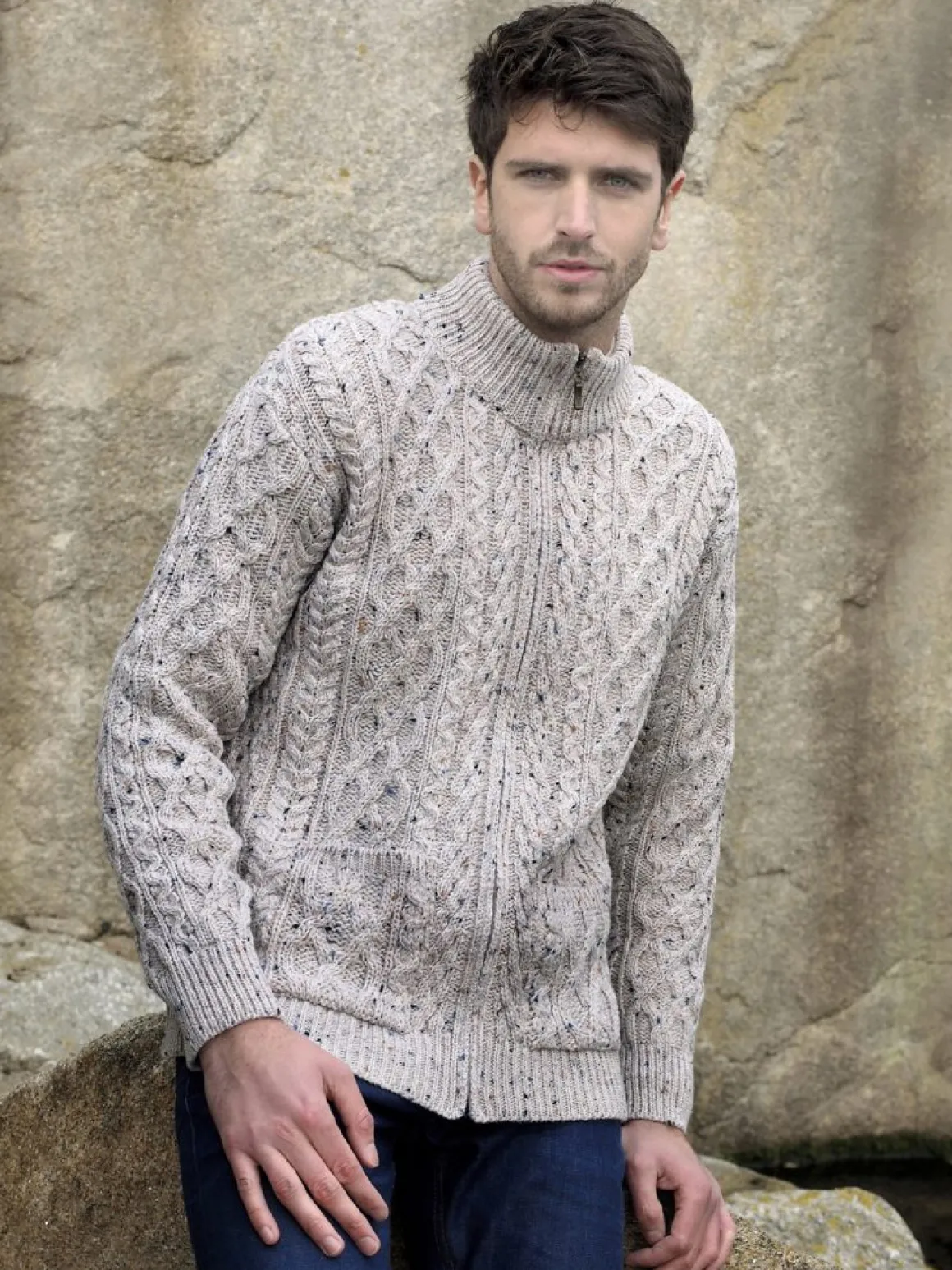 Mens Full Zip Cardigan , Oatmeal