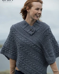 Merino Wool Button Poncho , Denim
