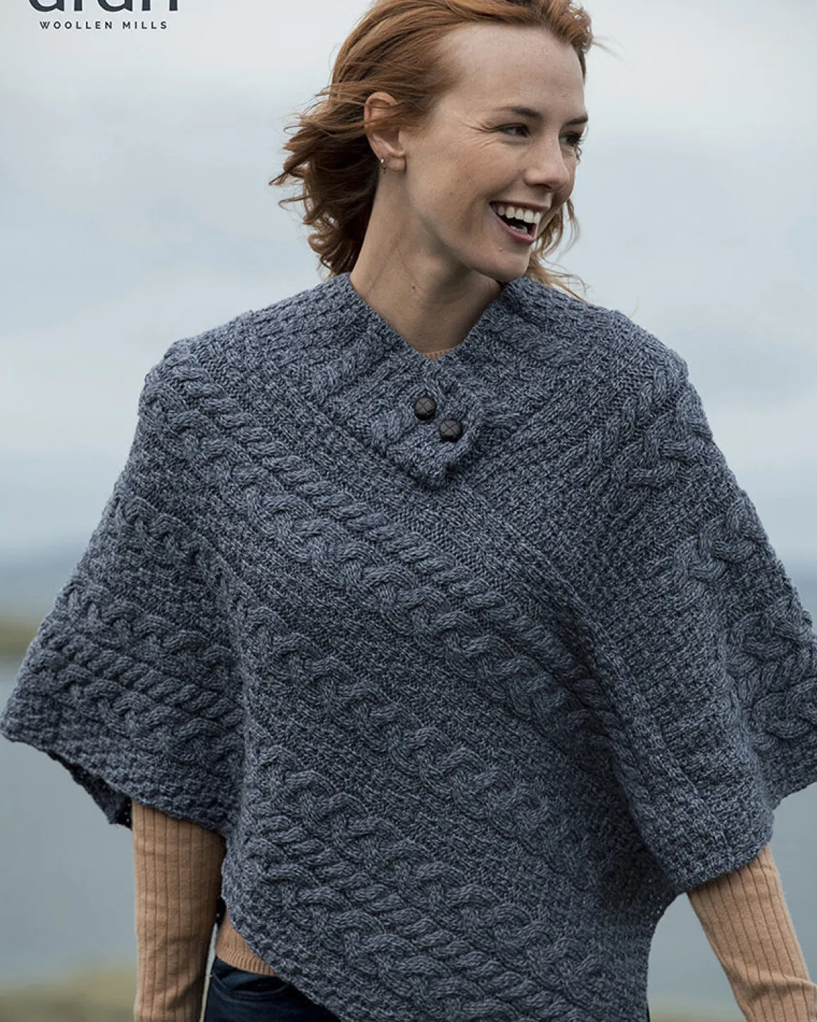 Merino Wool Button Poncho , Denim