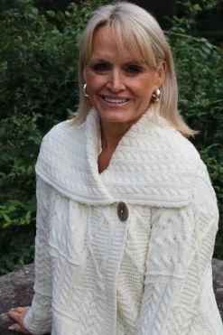 One-Button Sweater with Draped Collar , Natural