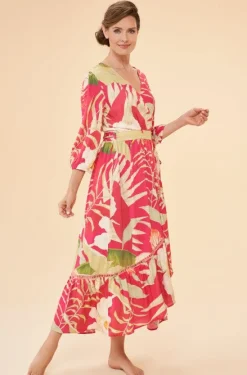 Powder Tropical Wrap Dress , Dark Rose