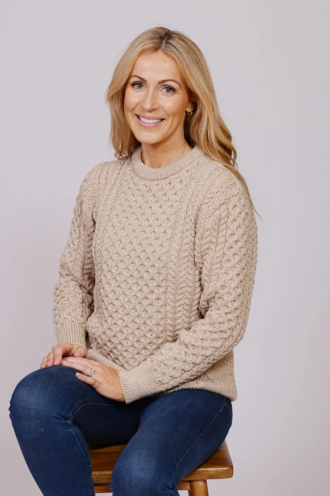 Traditional Aran Crew Neck Sweater - Camel