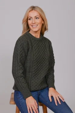 Traditional Aran Crew Neck Sweater - Army Green