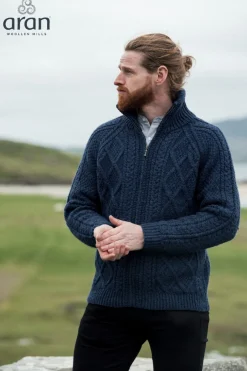 Traditional Aran Handknit Zip Sweater , Navy